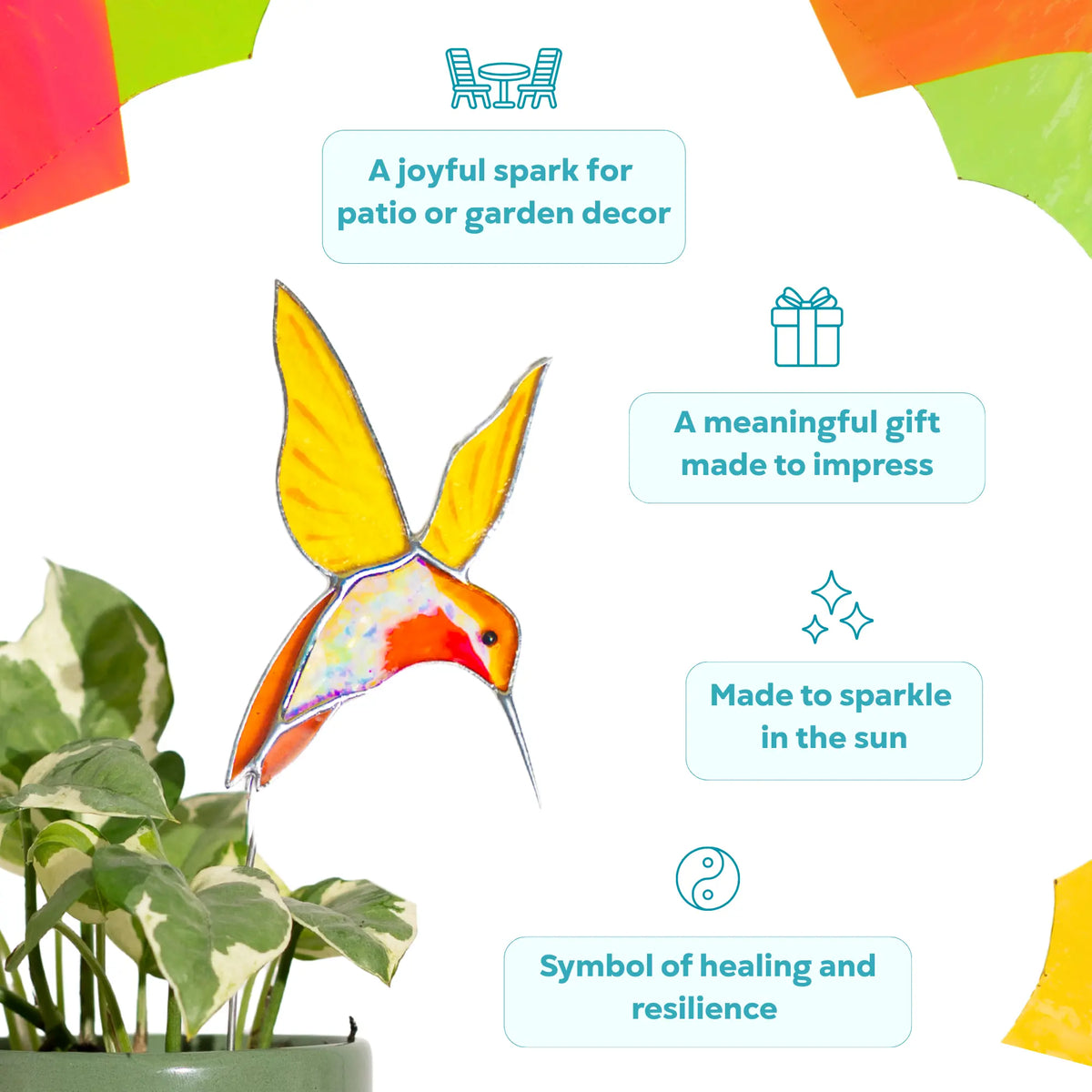 Par de colibríes amarillos y azules - Estacas para plantas de vidrio tintado
