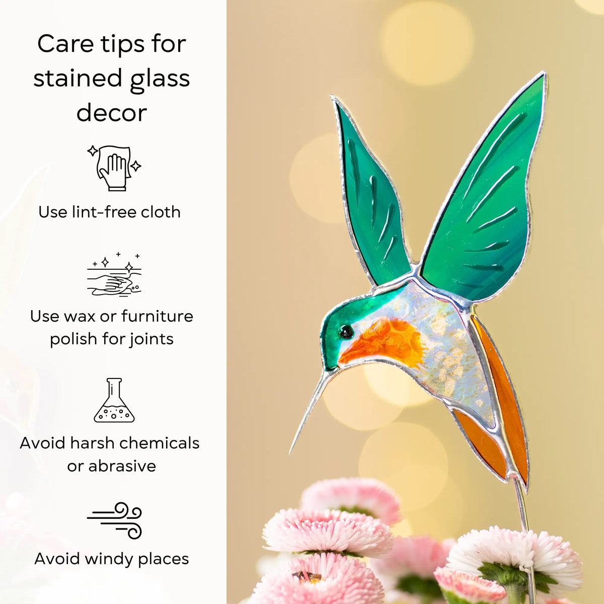 Par de colibríes amarillos y azules - Estacas para plantas de vidrio tintado