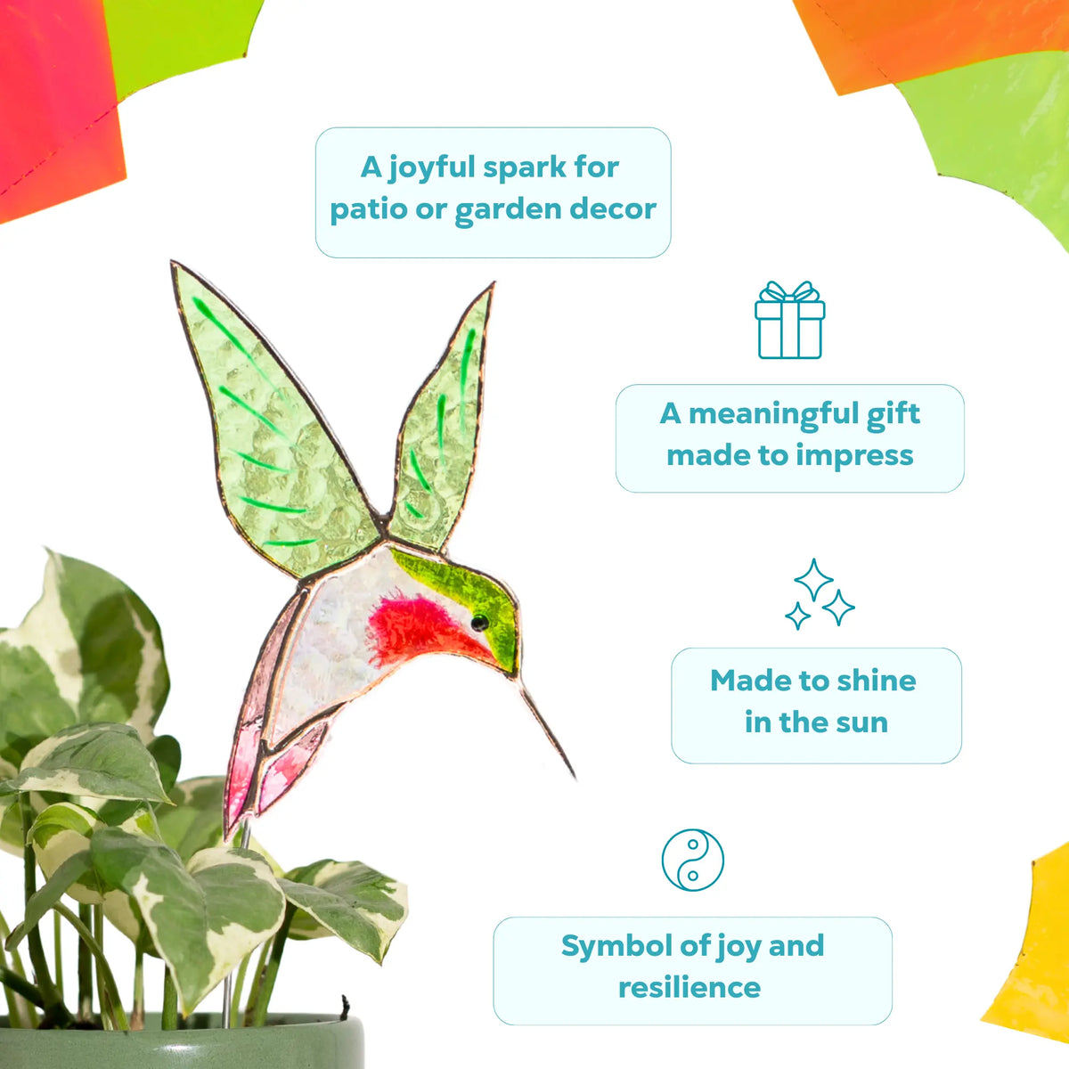 Par de colibríes verdes y morados – Estacas de vidrio tintado para plantas