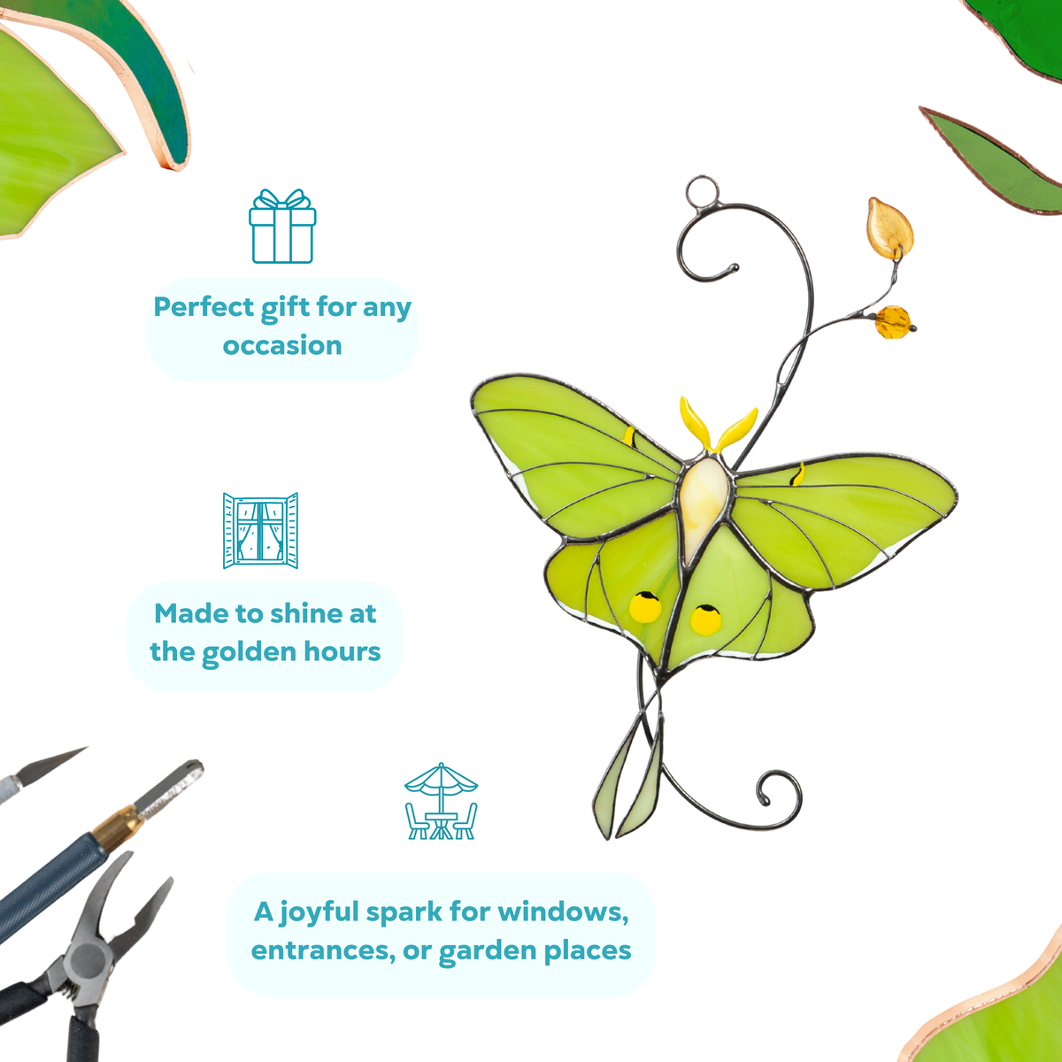 Infographic of a green stained glass luna moth with captions about it being the perfect gift, sparkle, and joyful accent.