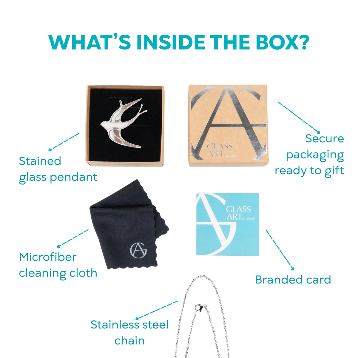 What's inside the box for the White Swallow stained glass necklace - the handmade swallow pendant, secure gift-ready packaging, a microfiber cleaning cloth, branded card and a stainless steel chain