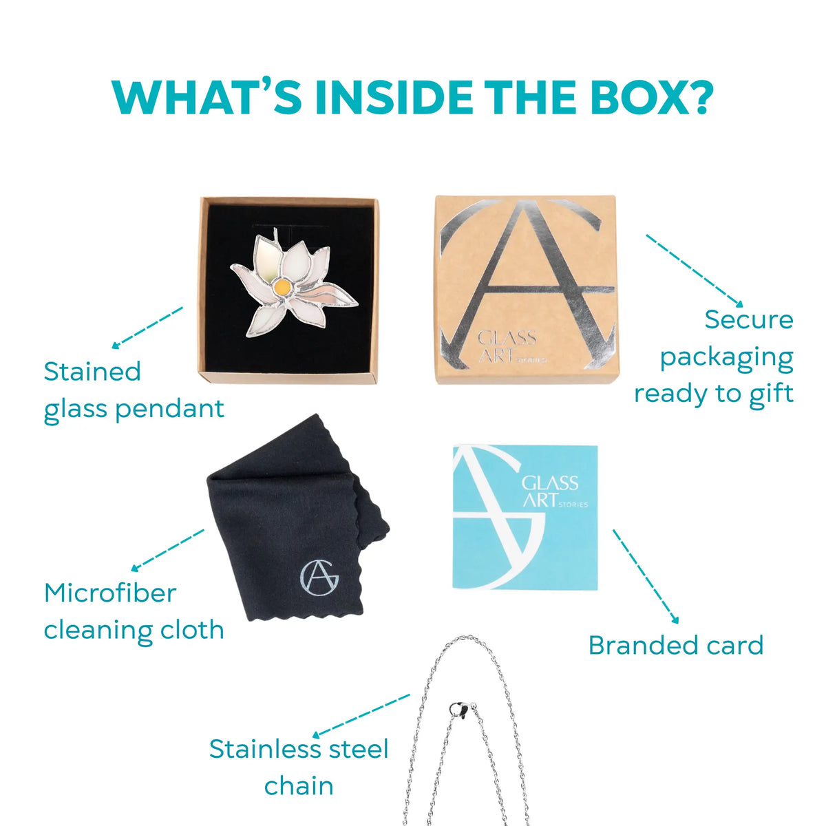 What's inside the box for the White Lotus stained glass necklace - the handmade lotus pendant, secure gift-ready packaging, a microfiber cleaning cloth, branded card and a stainless steel chain