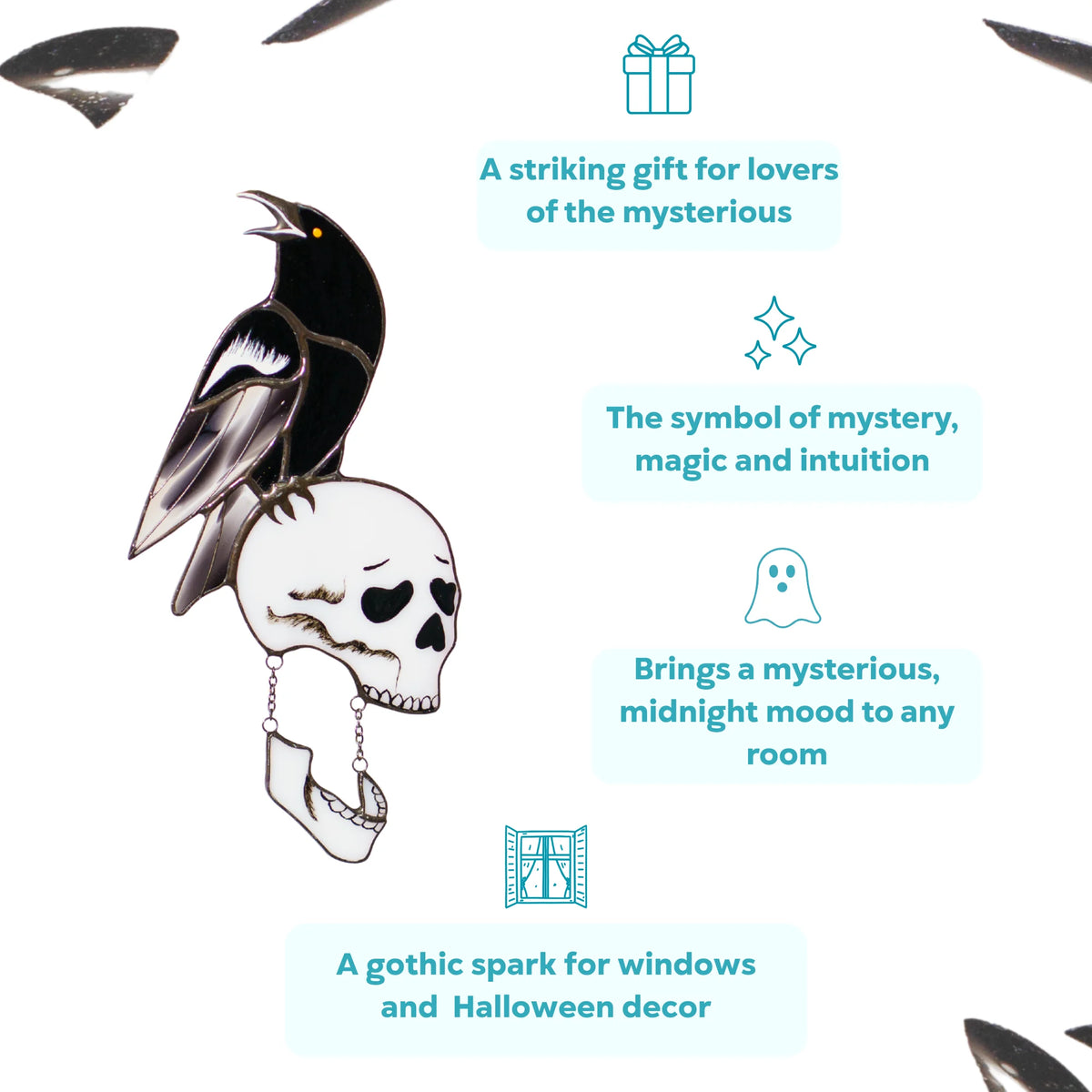 Infographic for a stained glass raven and skull suncatcher - a striking gift and symbol of mystery, magic and intuition that brings a mysterious, midnight mood to any window or Halloween decor