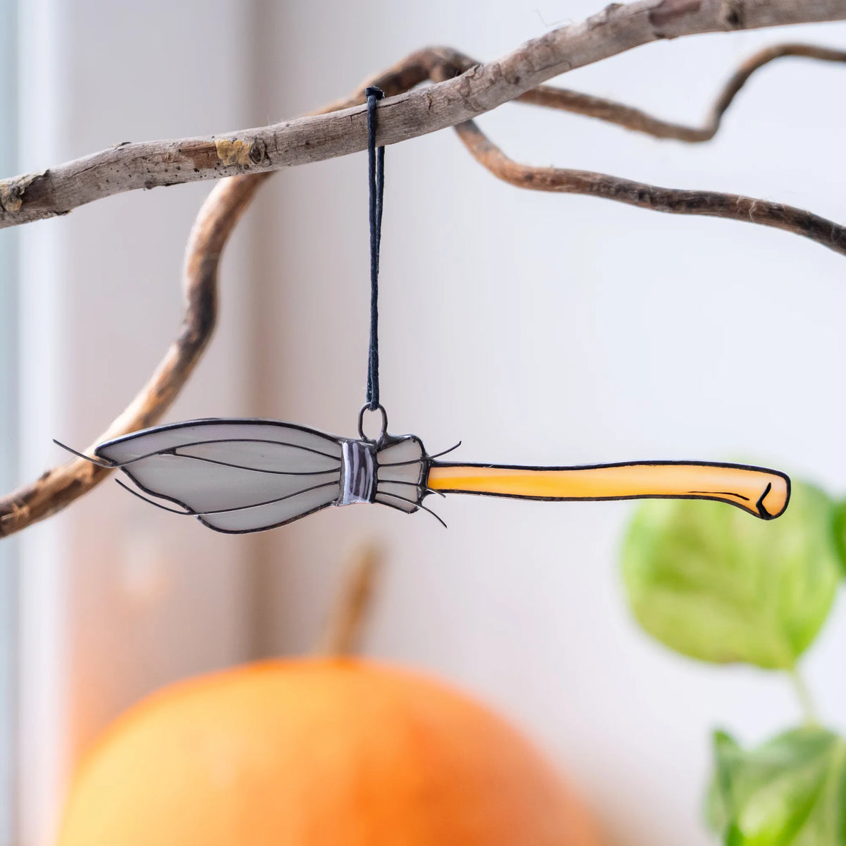 Witch Hat and Broom - Halloweeen Stained Glass Suncatcher