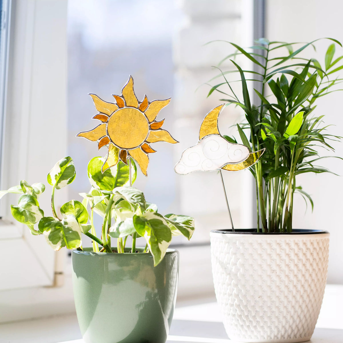 Orange Sun and Moon with White Cloude - Stained Glass Plant Stakes