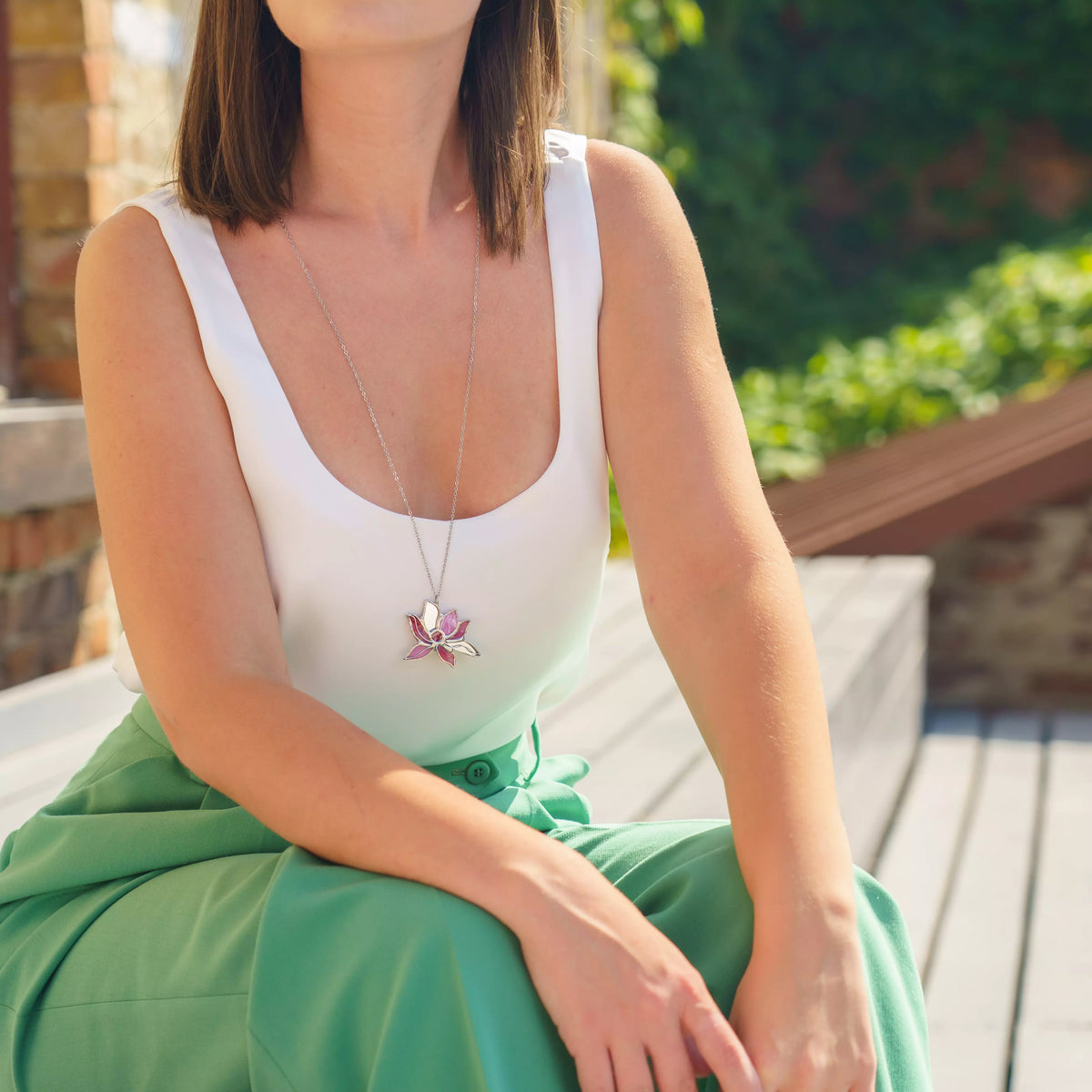 Stained glass pink lotus flower pendant on a long chain - handmade botanical lotus necklace in soft pink glass, a meaningful gift of peace and renewal