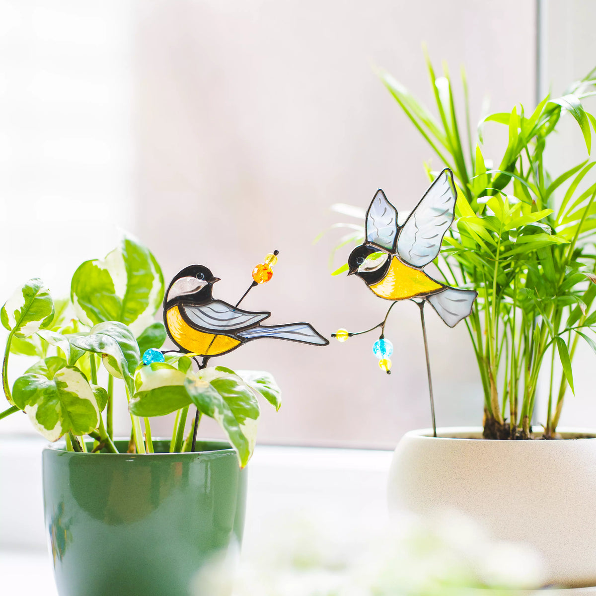 Pair of Chickadees - Stained Glass Plant Stakes