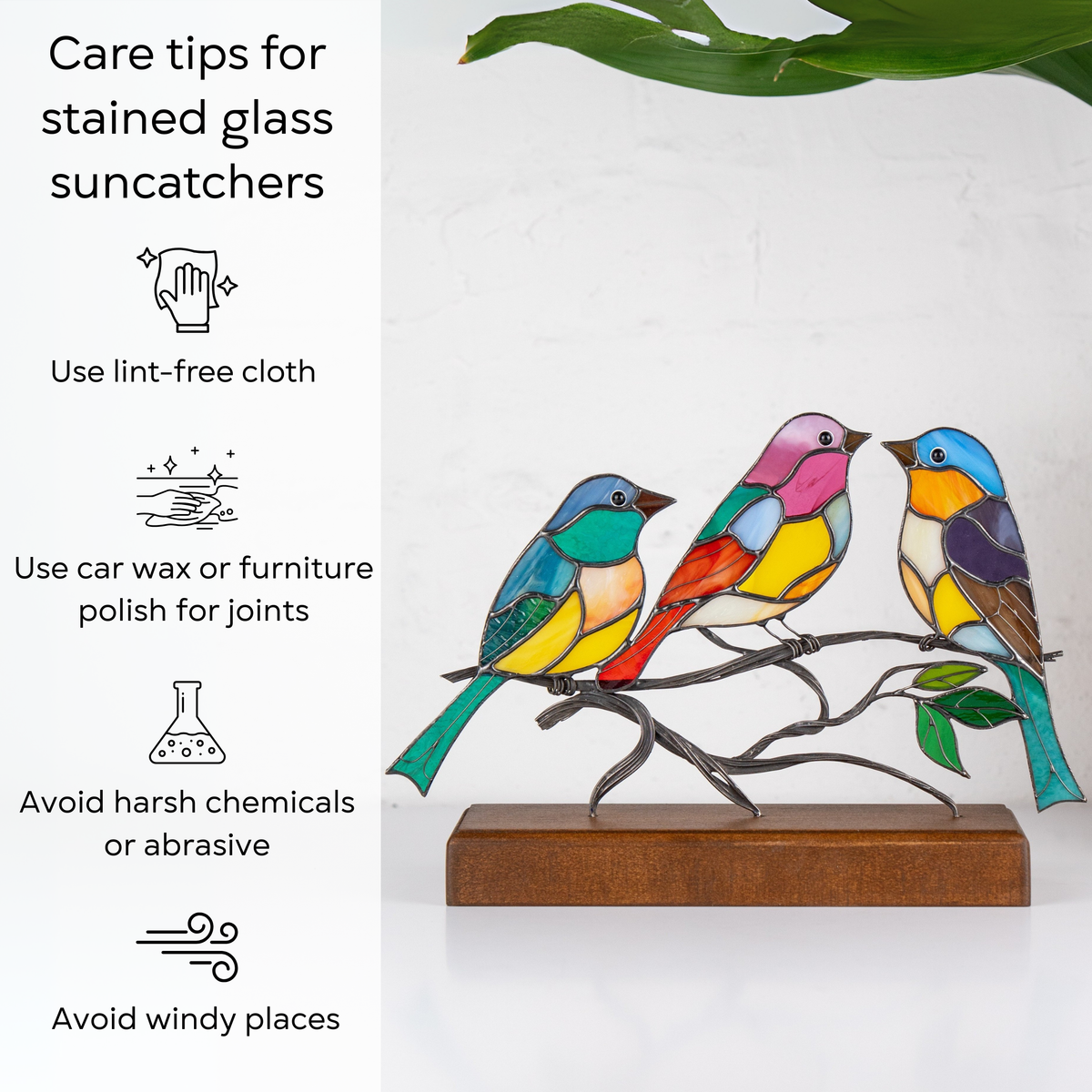Stained glass bird decor with care tips on the left, including cleaning and placement instructions.