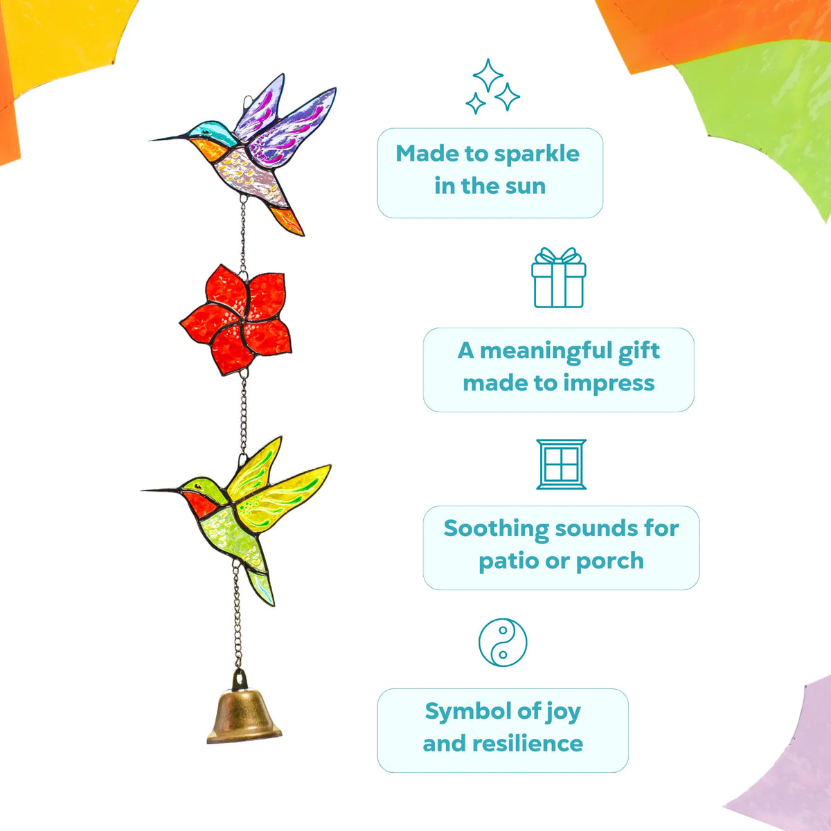 Stained glass hummingbird and flower wind chime as a meaningful gift on a white background