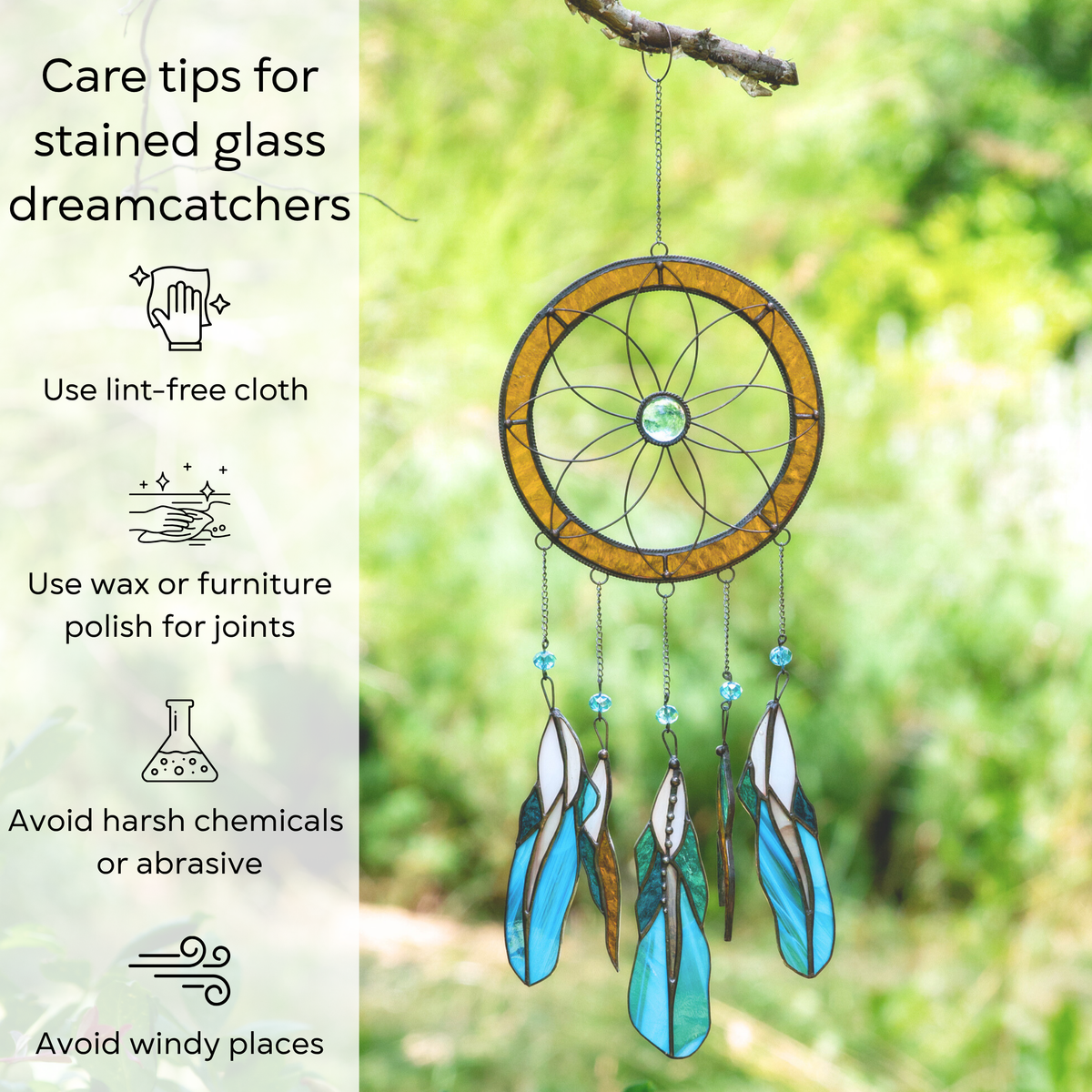 Dreamcatcher hanging on a tree with text showing care tips: use lint-free cloth, polish joints, avoid harsh chemicals and wind.