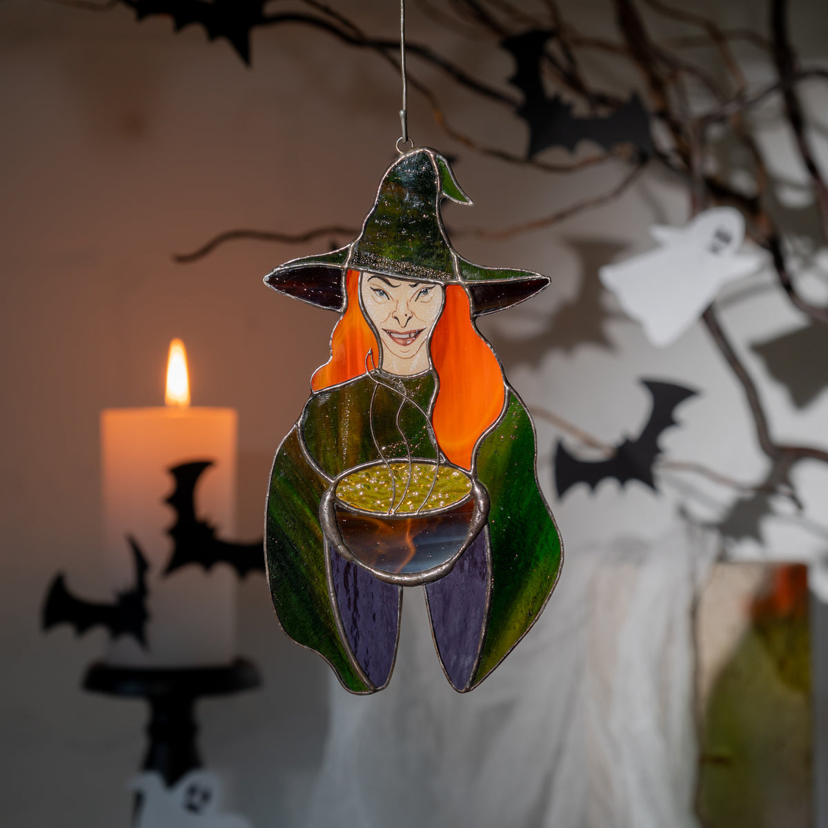 Halloween stained glass witch window hanging
