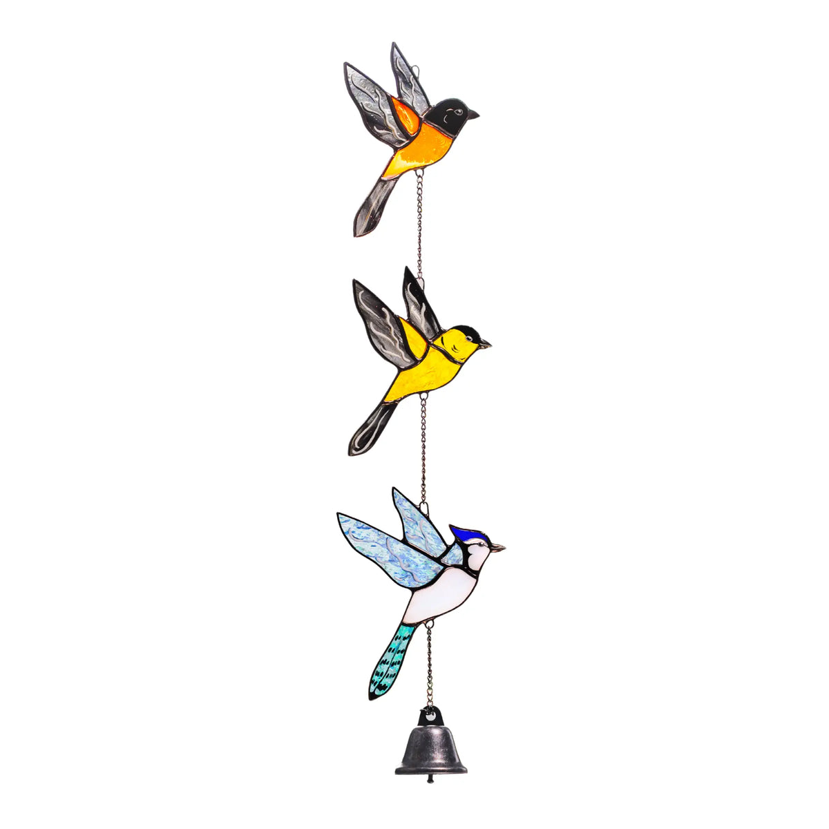 Stained glass window hanging with stained glass birds and a bell on a white background