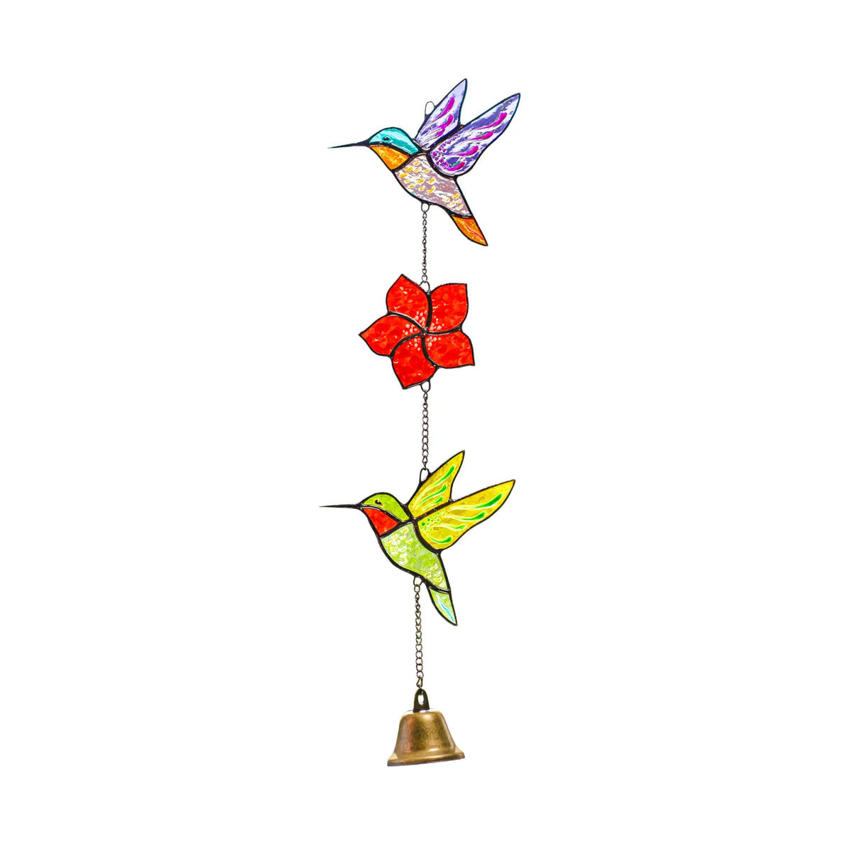 Stained glass hummingbird with a flower and bell on a white background