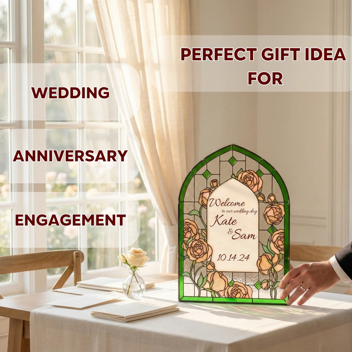 PERFECT GIFT IDEA FOR WEDDING, ANNIVERSARY, ENGAGEMENT showing a hand holding an emerald green stained glass wedding panel on a table.