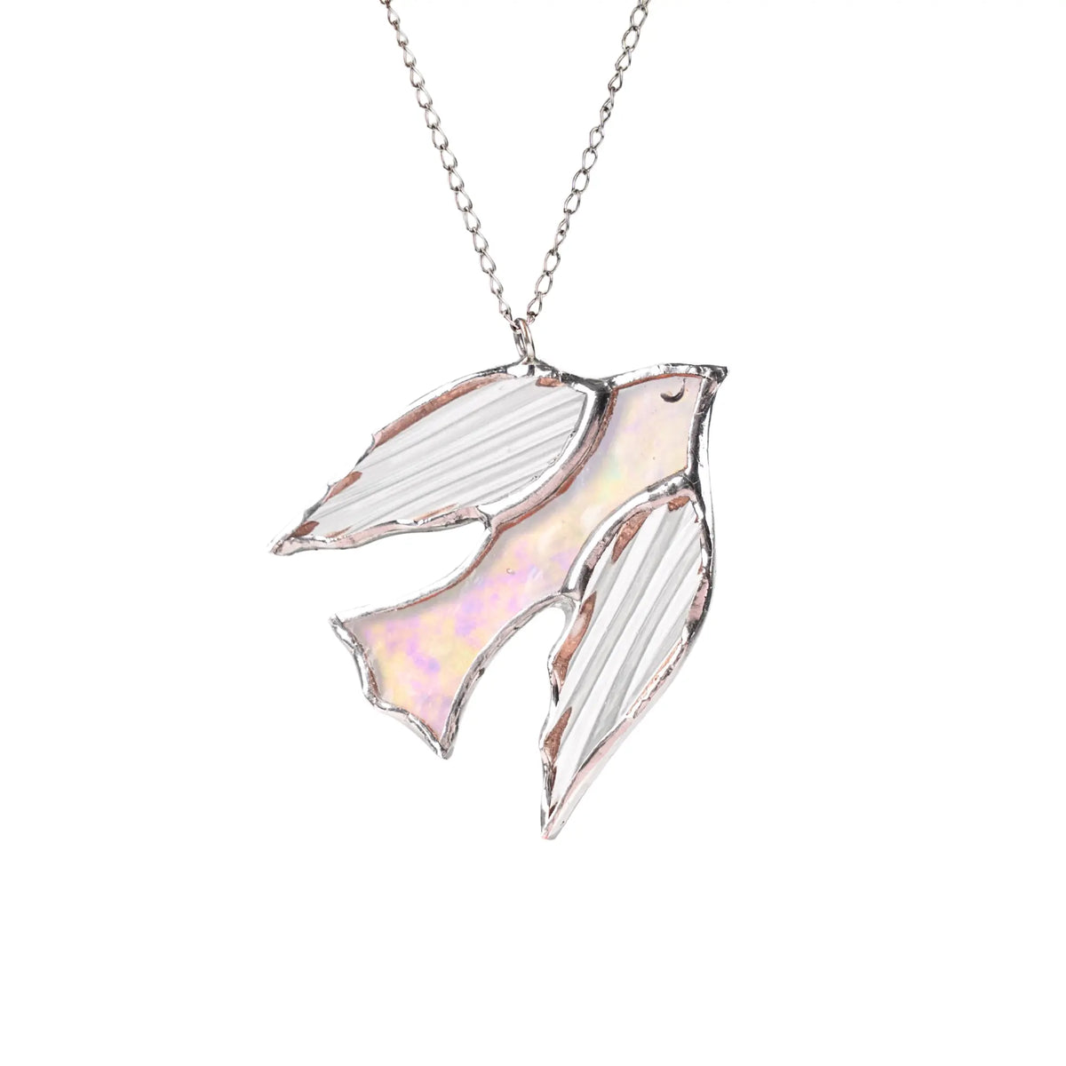 Bird pendant necklace with iridescent finish on a white background