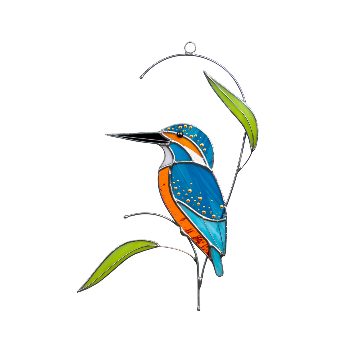 Stained glass kingfisher decor with detailed leaf elements and bright colors.