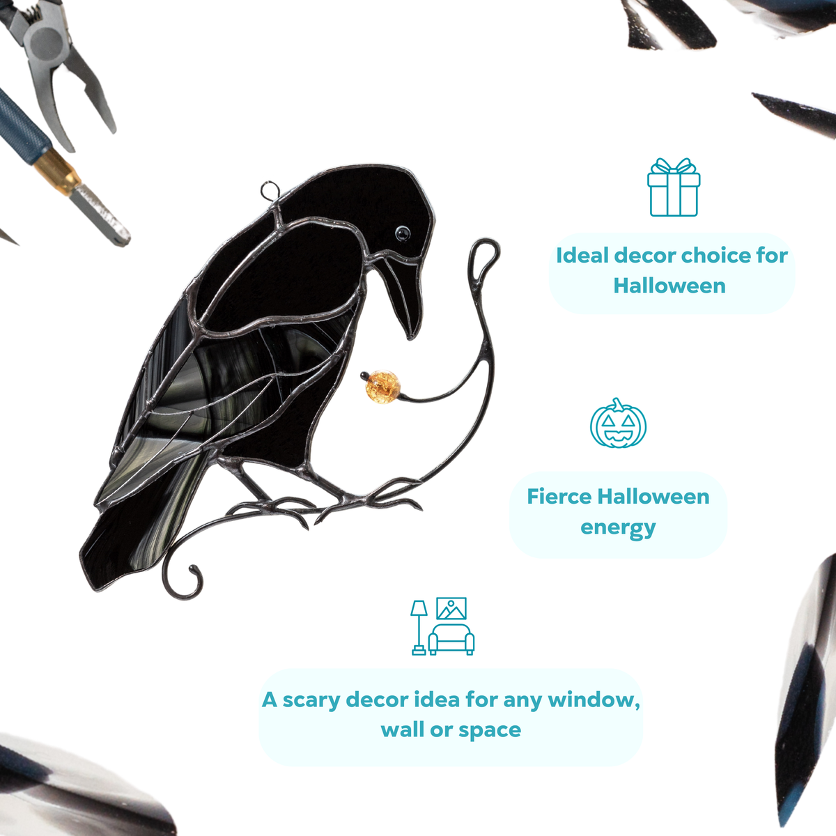 Halloween-themed suncatcher featuring a stained glass raven as a gift or decor ideas