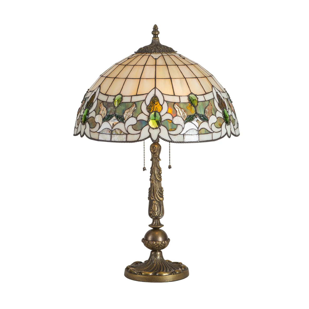 Vintage-style lamp with stained glass floral dome and detailed sculpted base in bronze finish