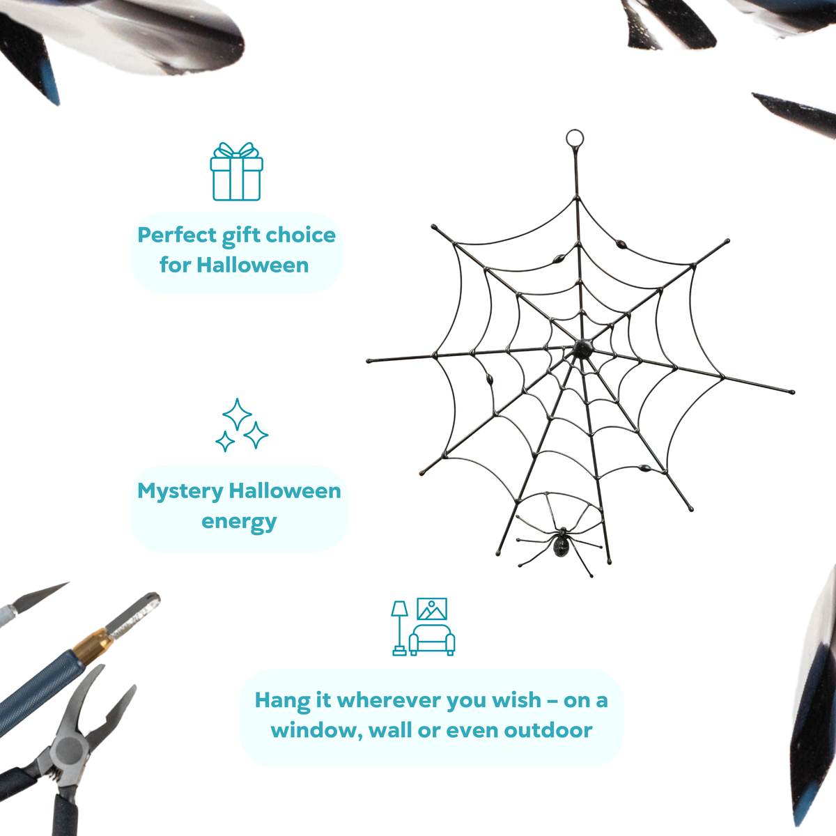 Wire spider web decoration with black spider as a perfect halloween gift idea.