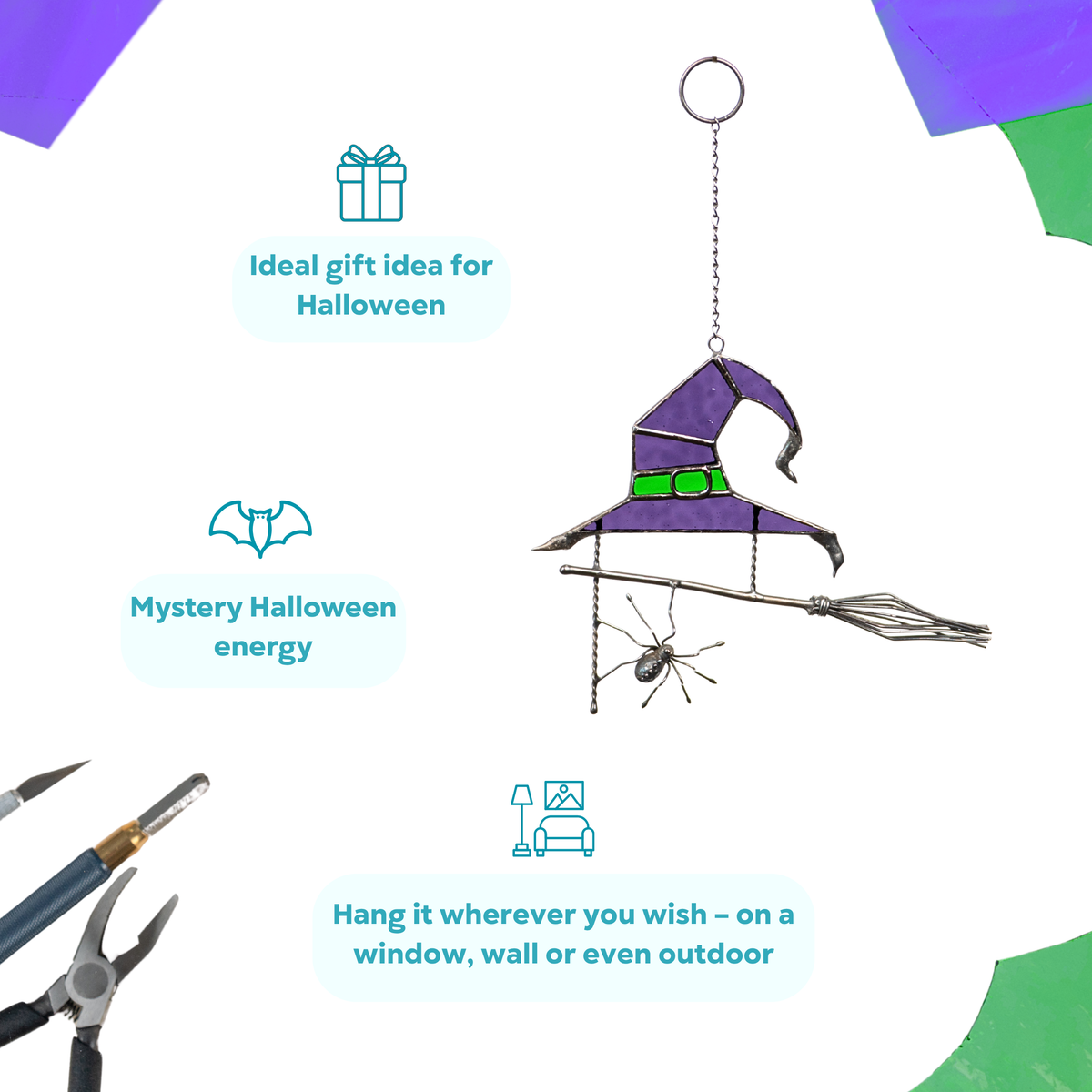 Infographic showing stained glass witch hat with spider and broom as a perfect gift for Halloween.