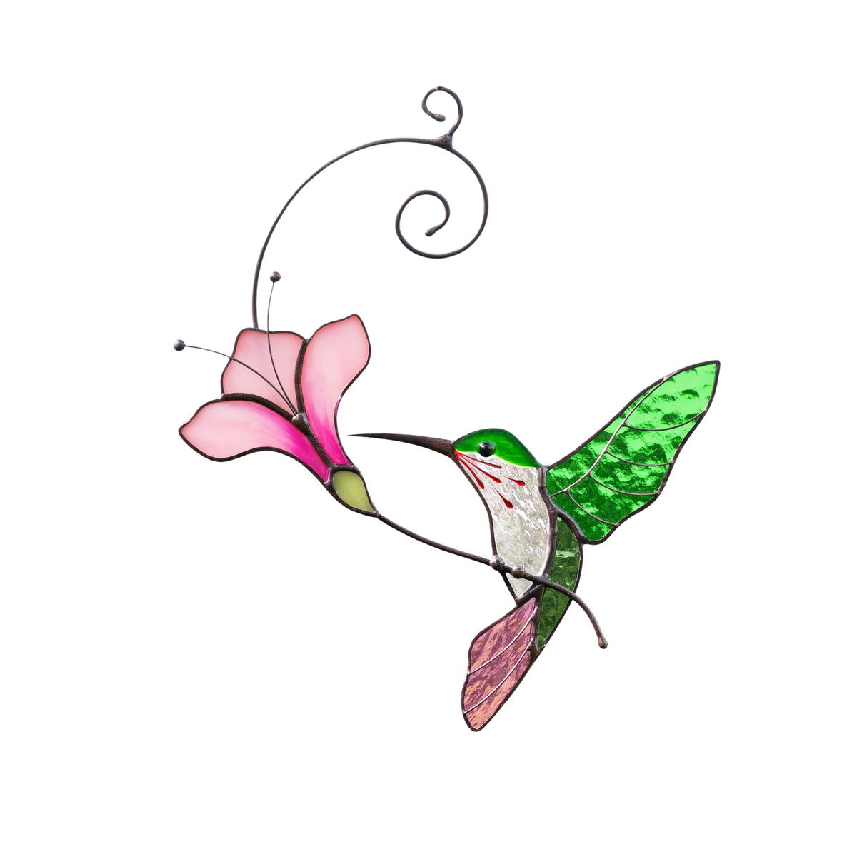Stained glass green hummingbird with pink flower suncatcher