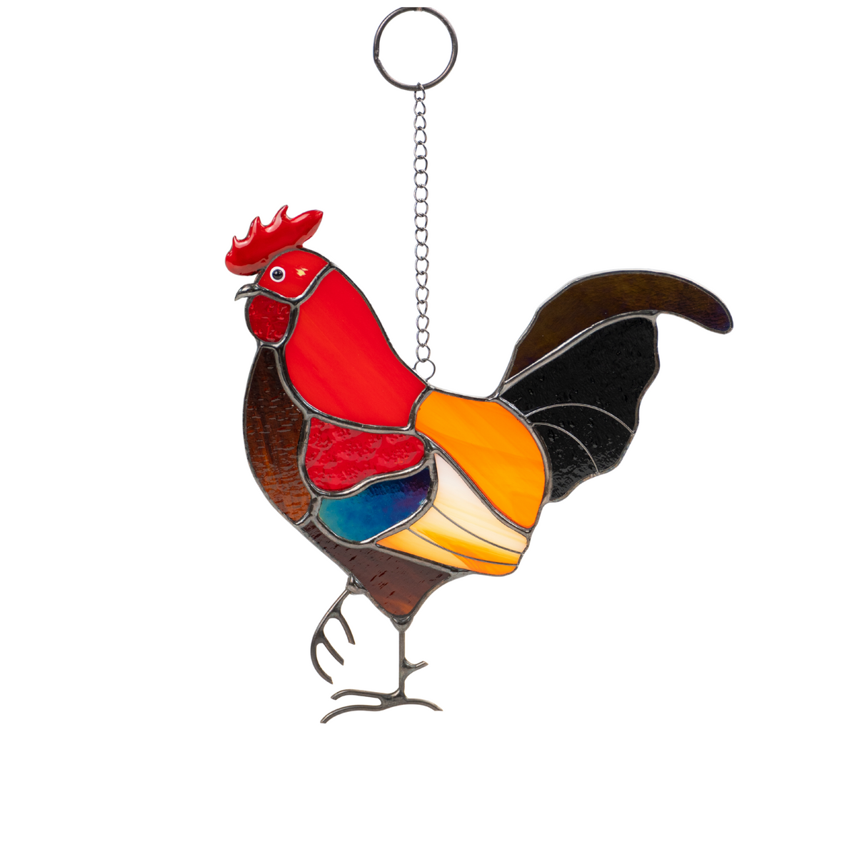 Bright stained glass rooster suncatcher with rich red, yellow, and brown tones on white background.