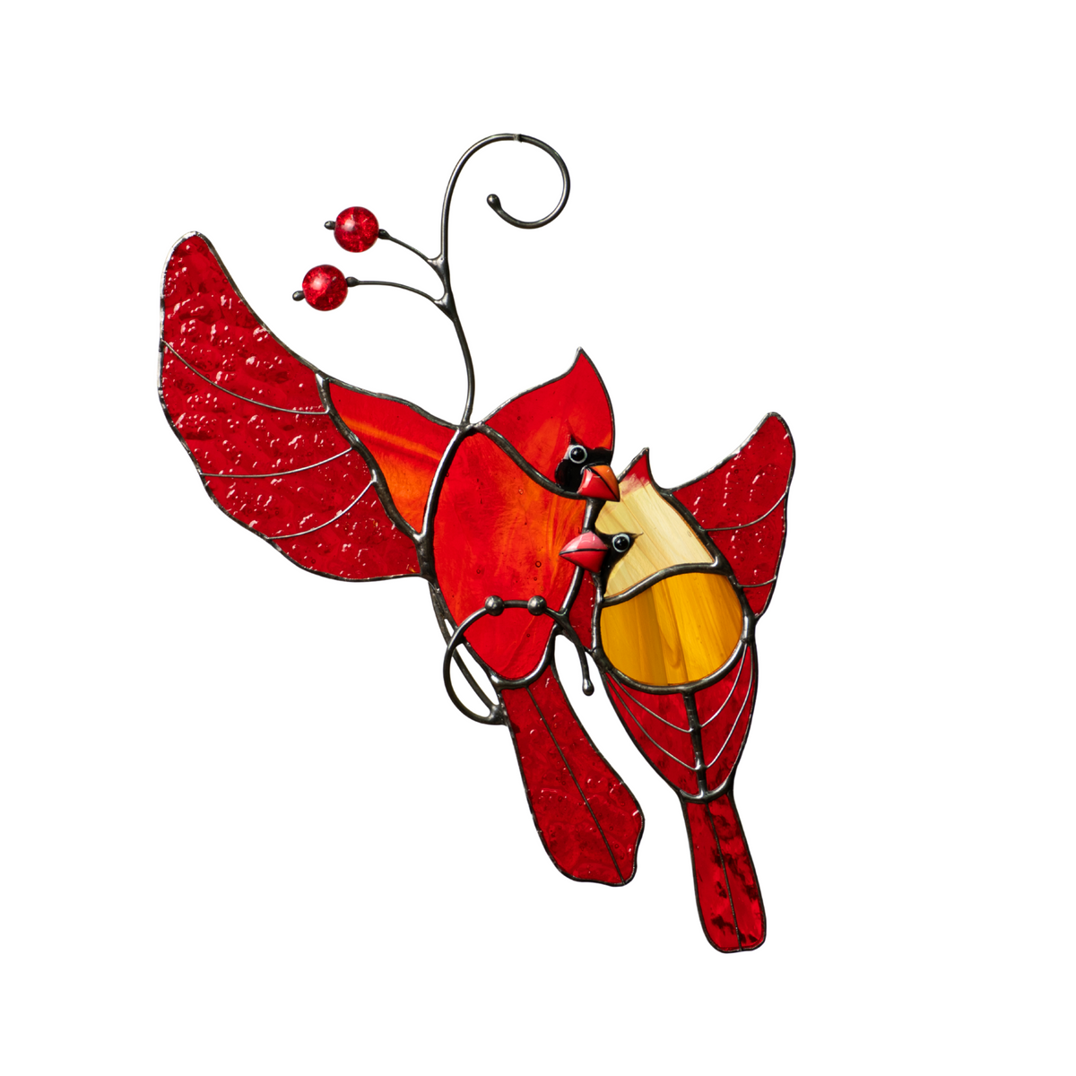 Hugging cardinals in bright red stained glass with red beads