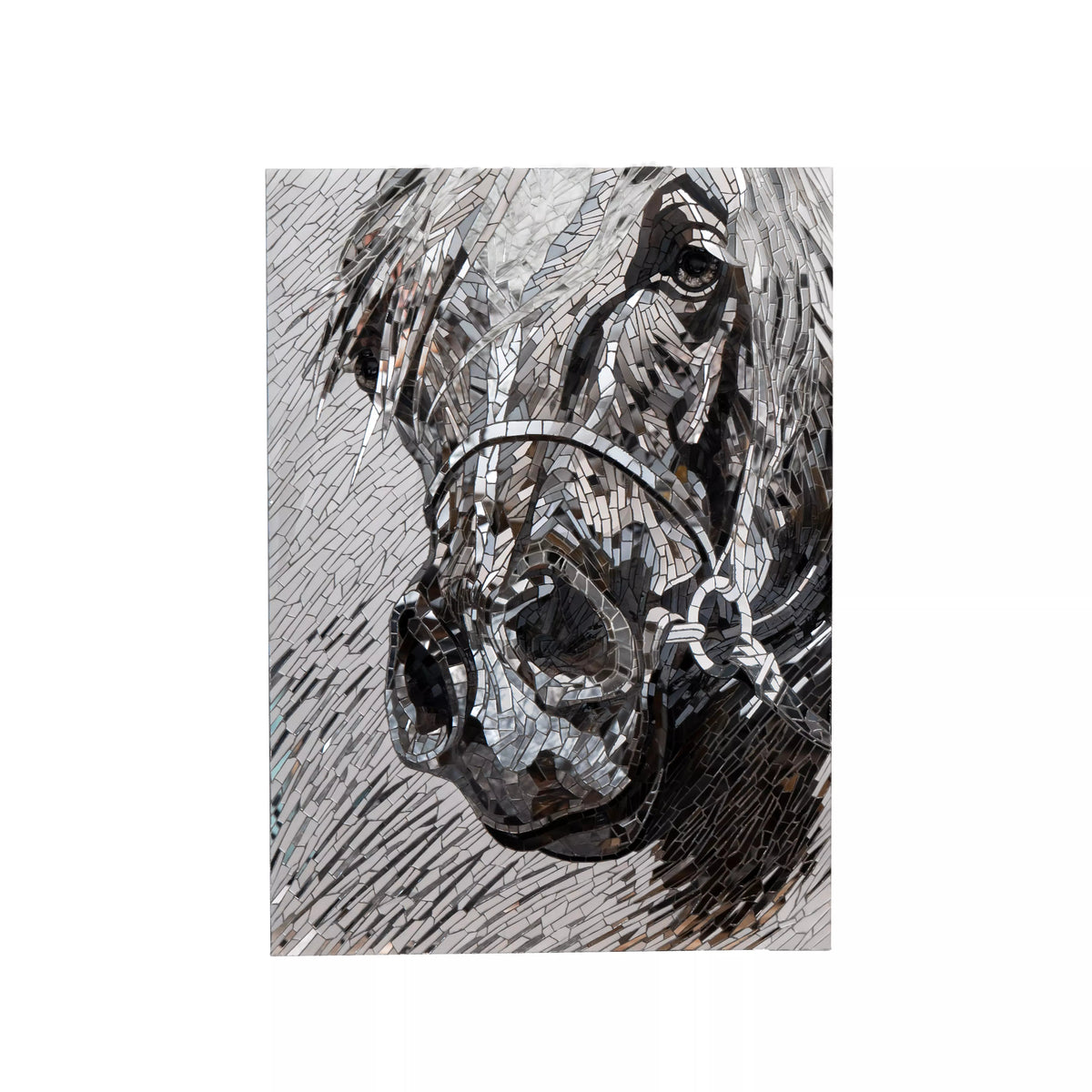 Full frontal view of a stained glass mosaic horse on a white background