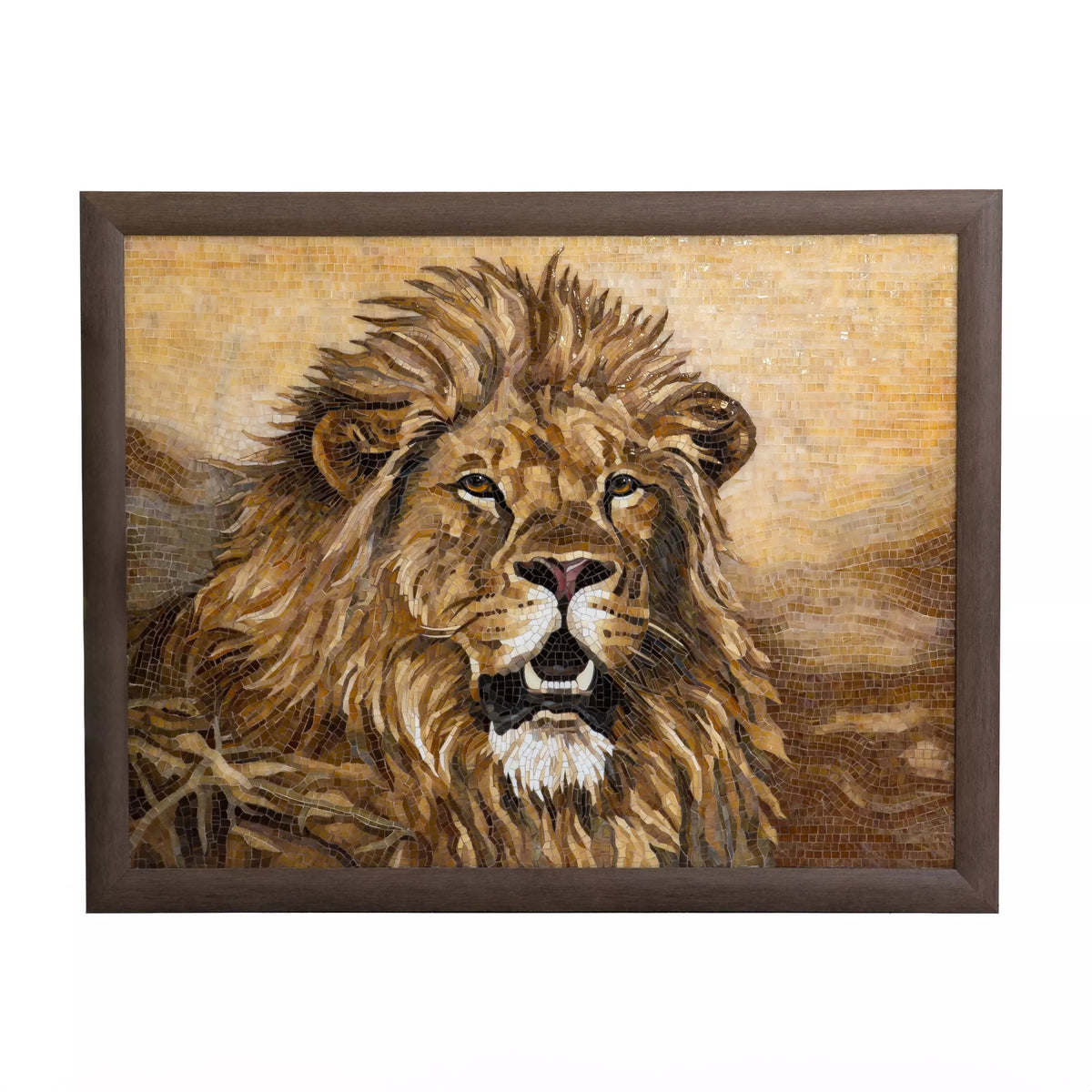 Front view of a lion mosaic artwork with rich amber shades and a dark wooden frame against a white backdrop.