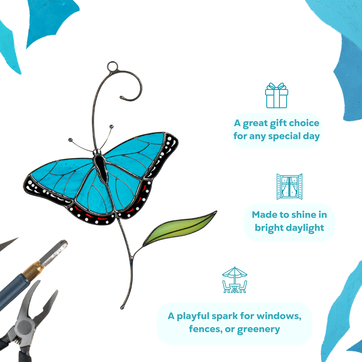 Infographic featuring blue stained glass morpho butterfly with gift and decor suggestions.