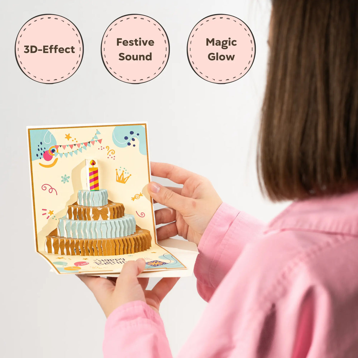 Women holding a 3D birthday cake card with 3D-effect, festive sound, and magic glow features.