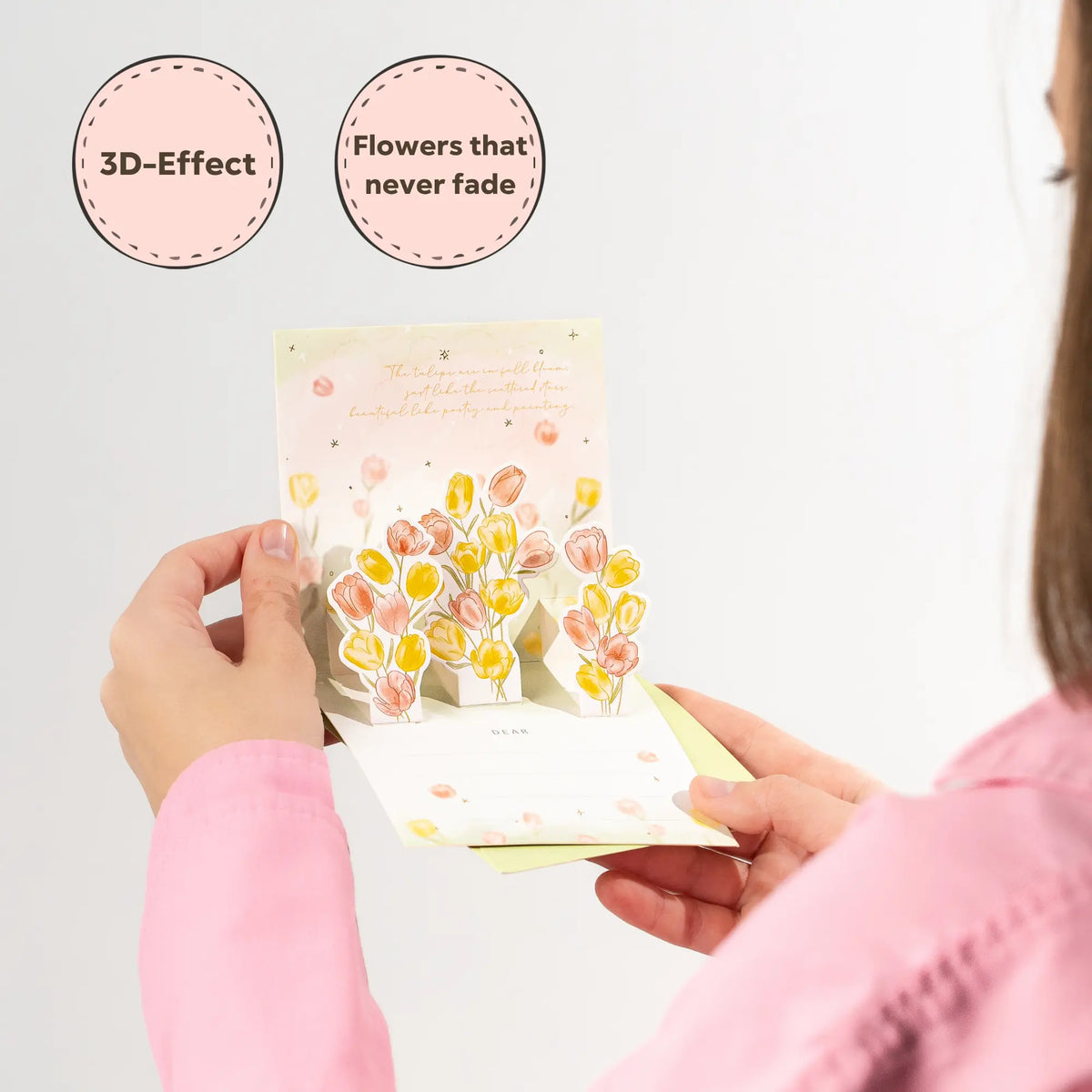 Women holding a 3D floral card with text, labeled '3D-Effect' and 'Flowers that never fade'.