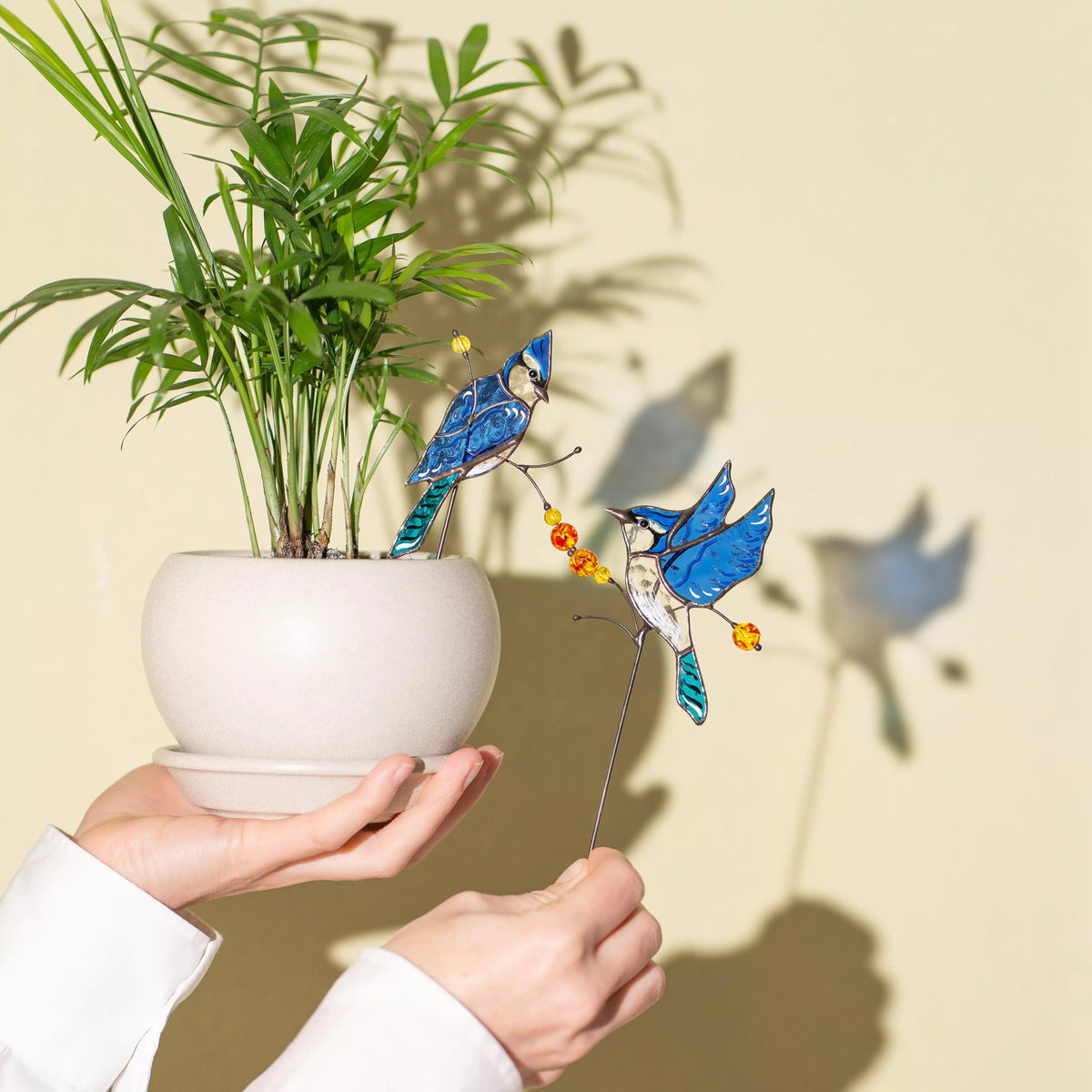 Person holding a potted plant with decorative blue jay birds on a beige background