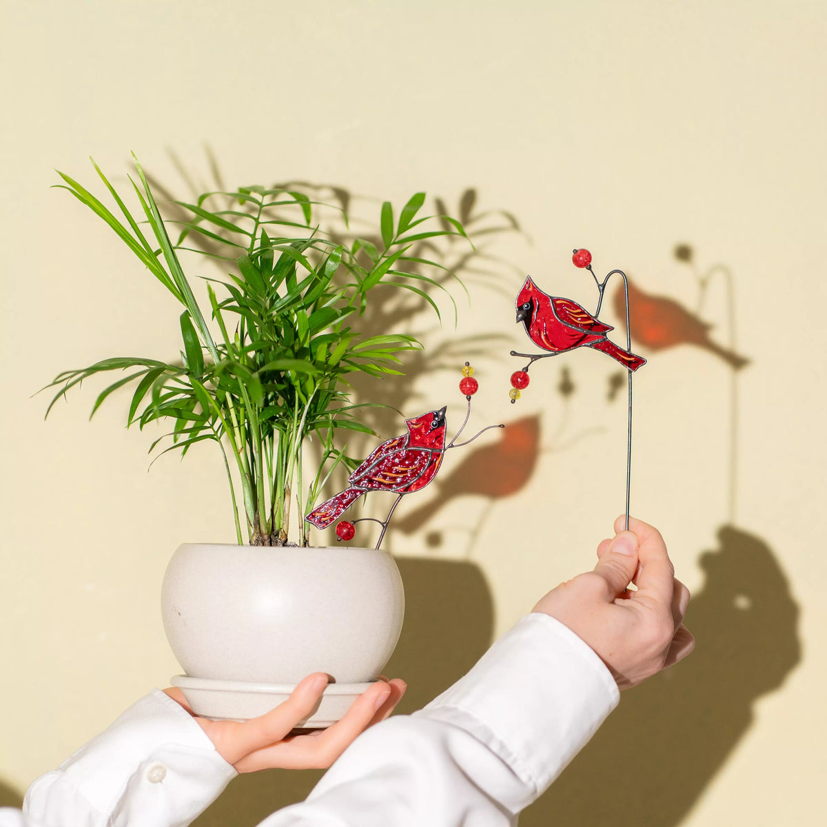 Person holding a potted plant with stained glass red cardinal figurines on a beige background