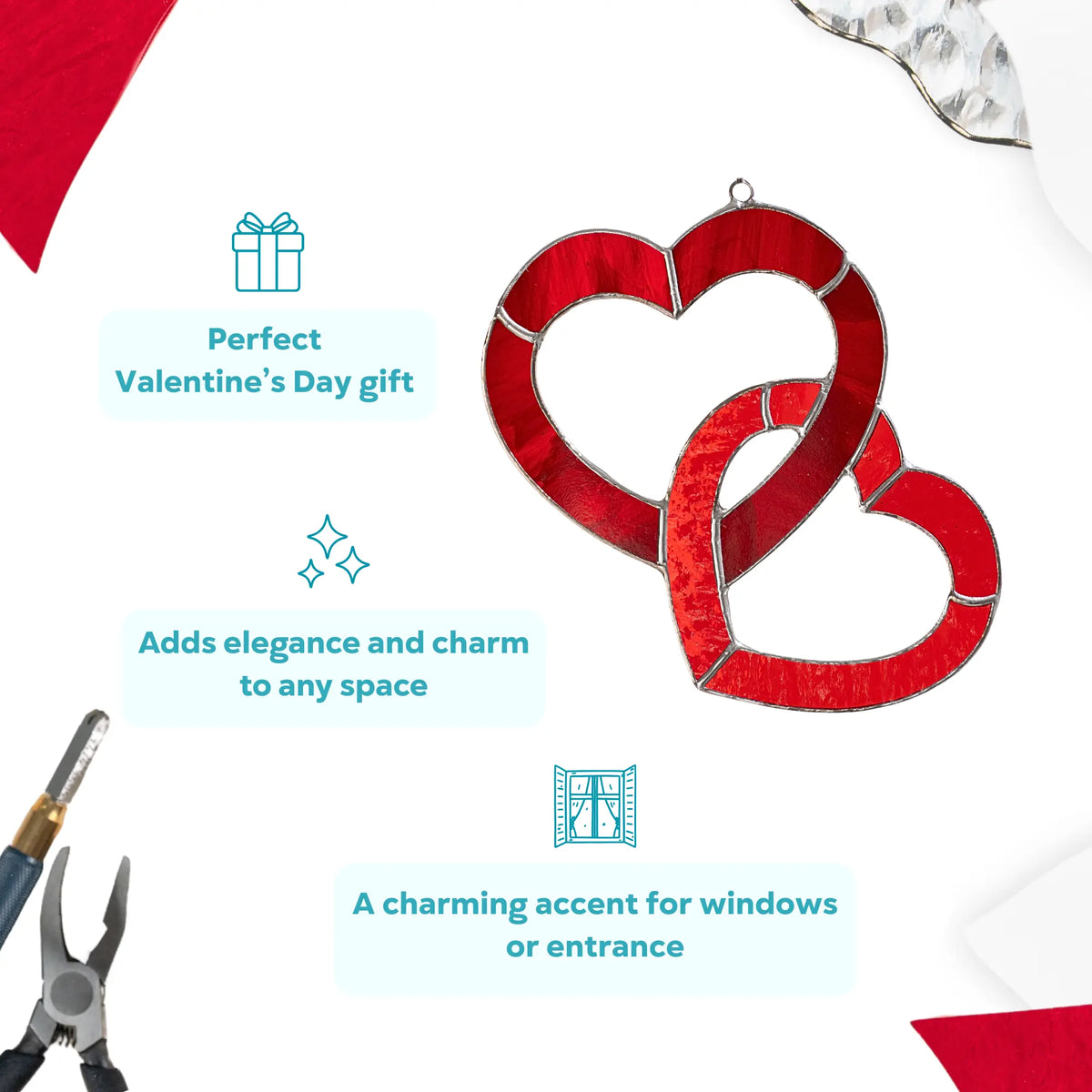 Infographic featuring a red stained glass heart suncatcher described as a perfect Valentine’s Day gift, adding elegance and charm to any space.