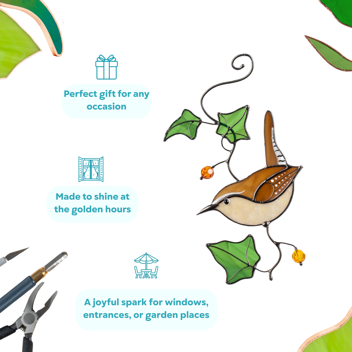Hanging Carolina wren stained glass bird with ivy leaves and orange beads on a white background as a perfect gift.