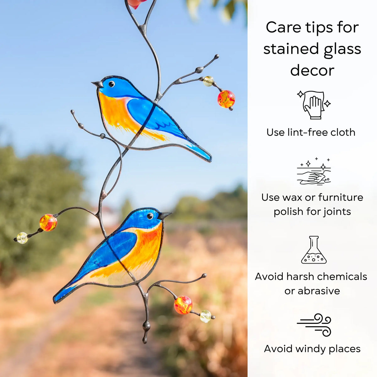Stained glass bluebirds on a branch with care tips on the right side: use lint-free cloth, polish joints with car wax or furniture polish, avoid harsh chemicals, and windy places.