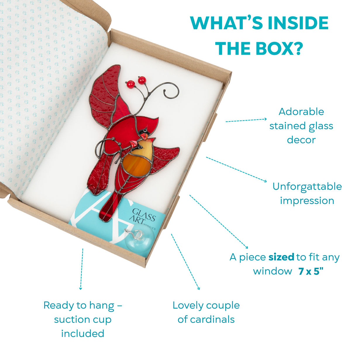 Boxed stained glass cardinals with branded card and labeled benefits: size, impression, gift-ready
