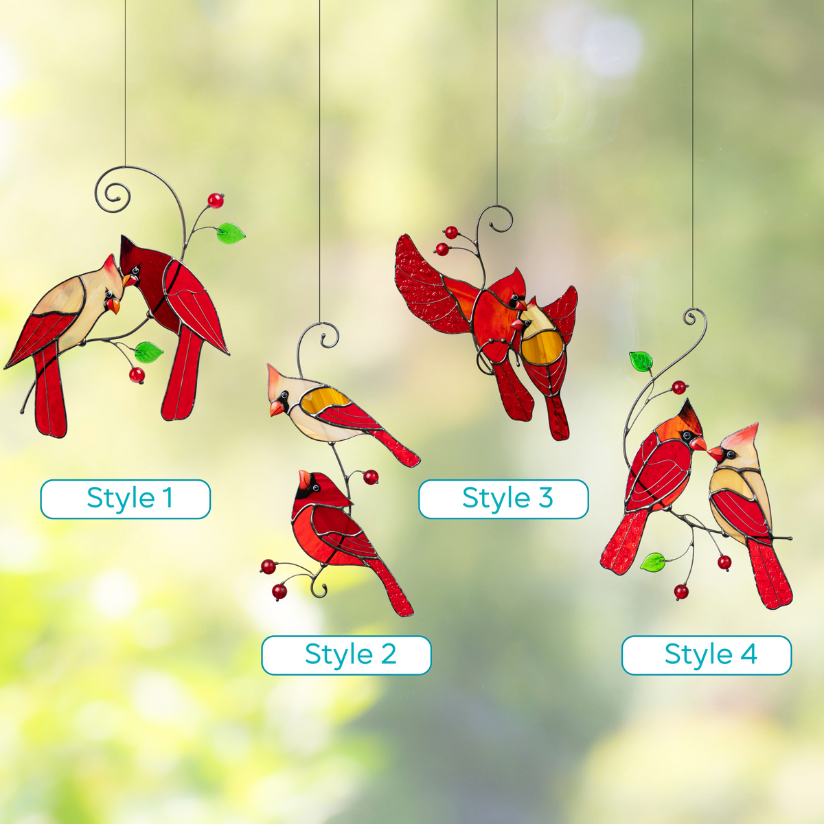 A joyful set of four stained glass cardinal suncatchers, each with red beads and curved wires, labeled as Style 1 to Style 4.