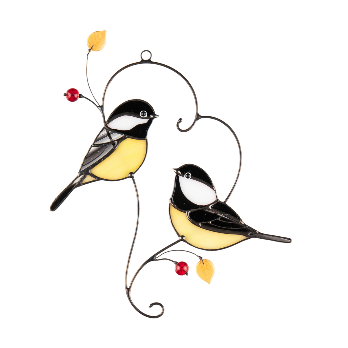 Two stained glass chickadees with yellow bellies and black caps, perched on a metal branch with red and yellow beads.