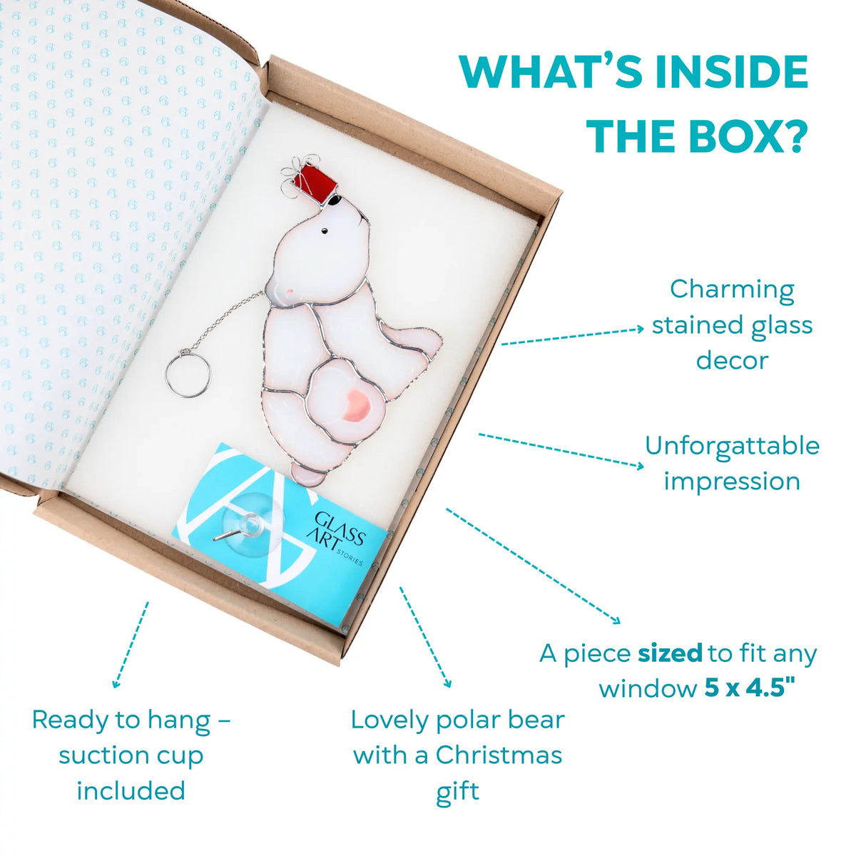 Stained glass suncatcher featuring a polar bear with a Christmas gift, shown in an open box with branded card and suction cup included