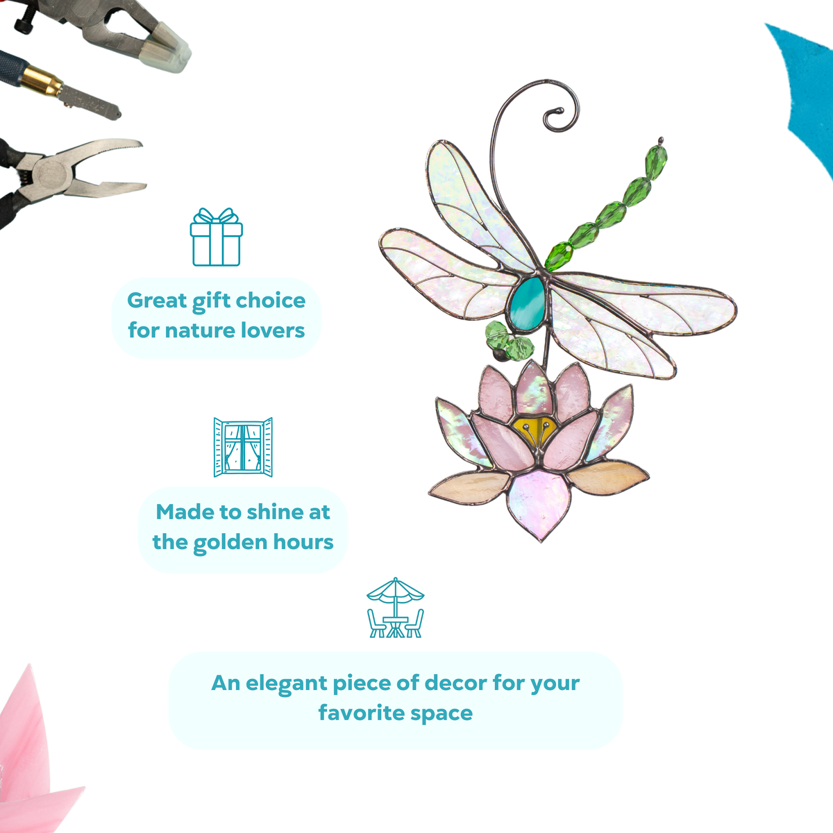 Stained glass dragonfly and lotus is a perfect gift idea for nature lovers and golden hour.