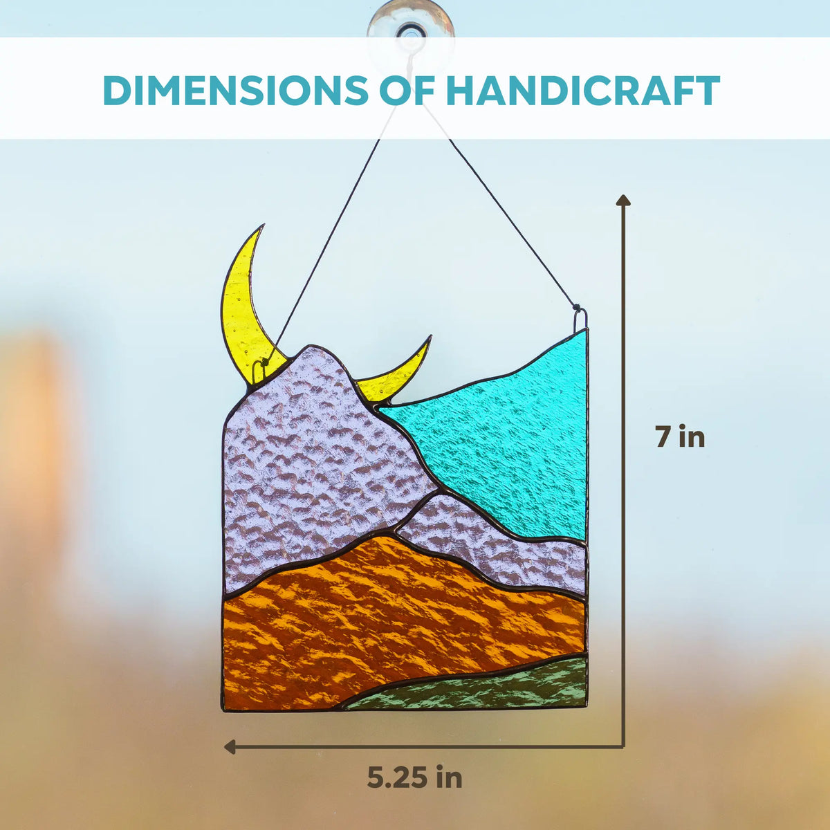 Stained glass panel with mountain and moon design, shown with dimensions on a light blue background.