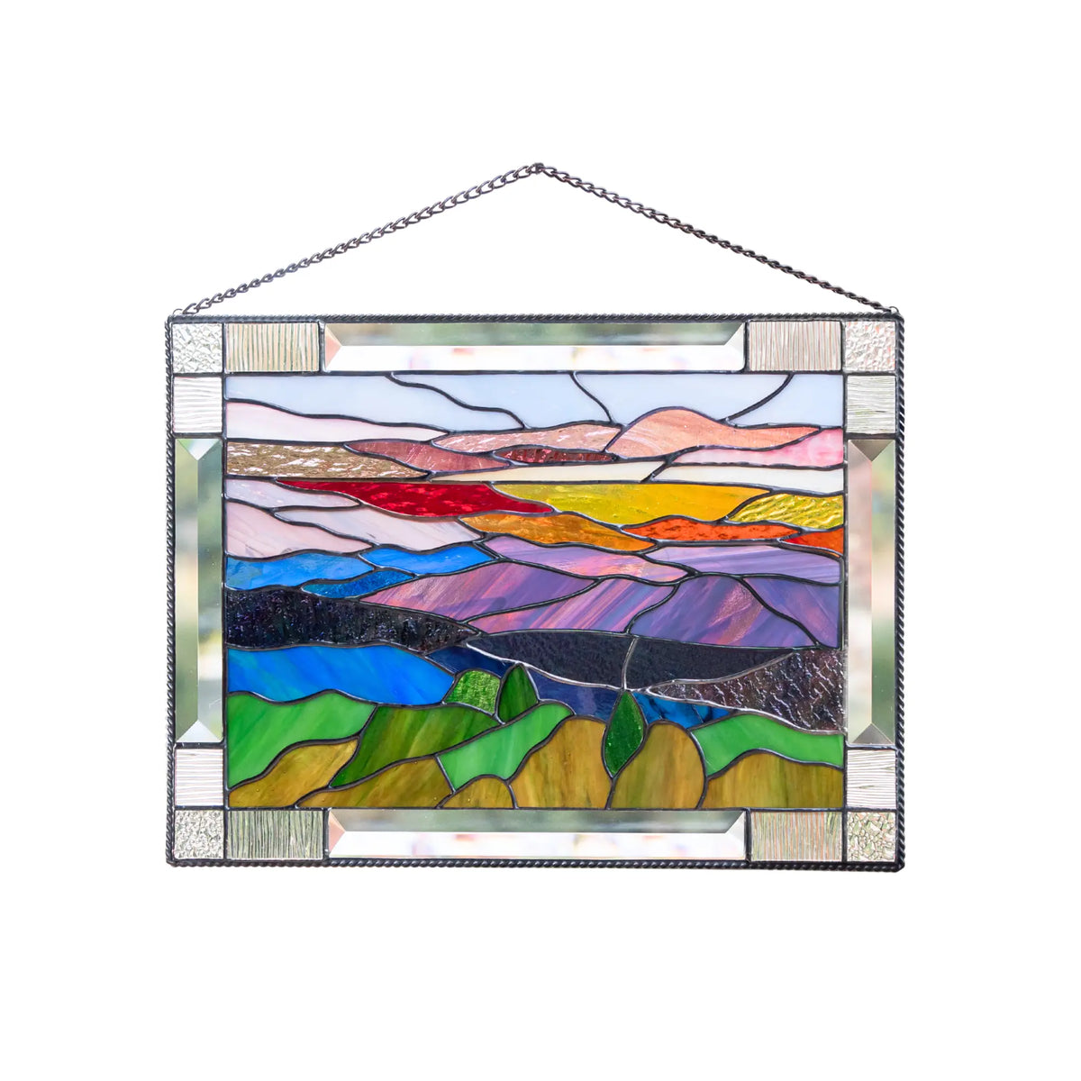 Stained glass panel with a mountain Blue Ridge landscape design on a white background