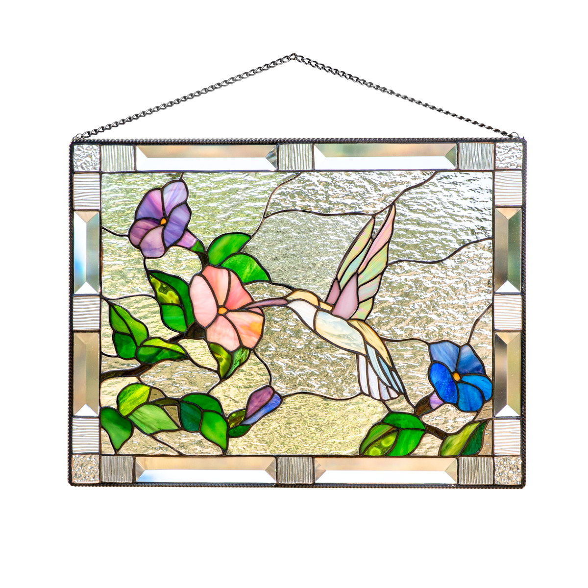 Stained glass panel with an iridescent hummingbird and flowers on a white background