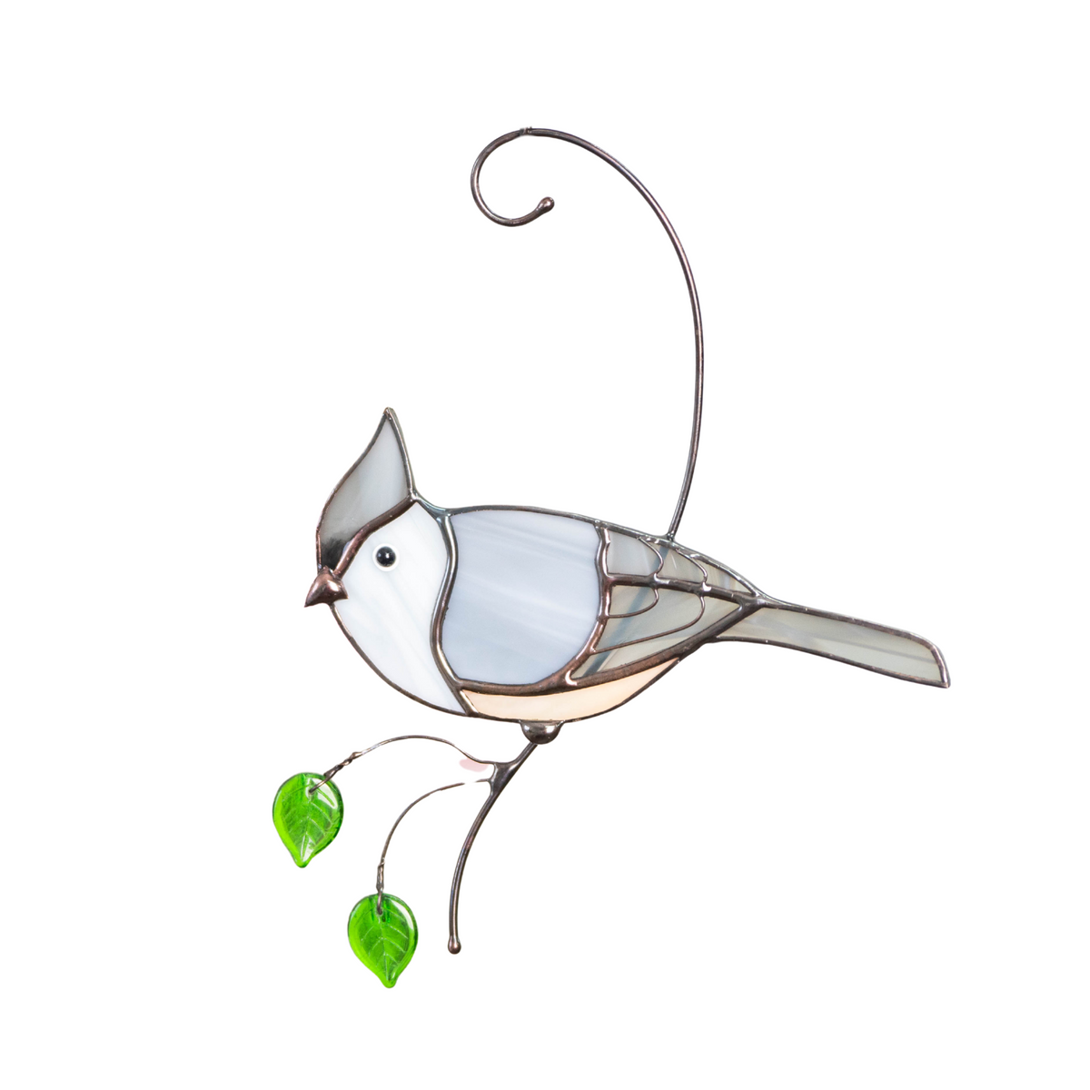 Tufted titmouse on the branch with leaves suncatcher of stained glass