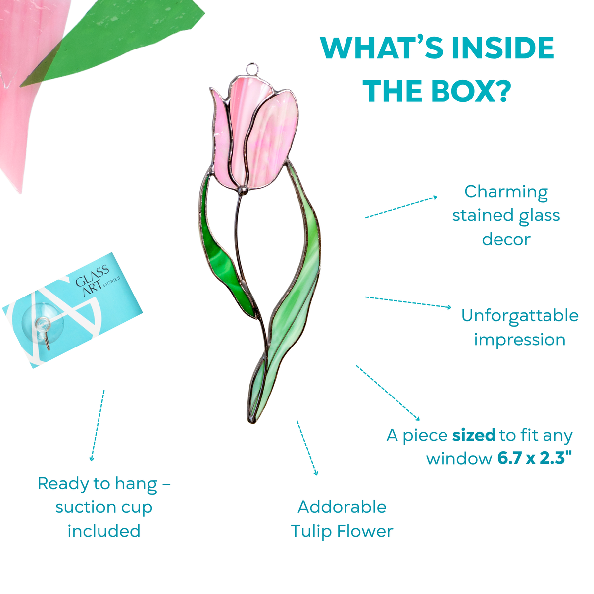 Infographic with tulip suncatcher, suction cup, and text about box contents and size.
