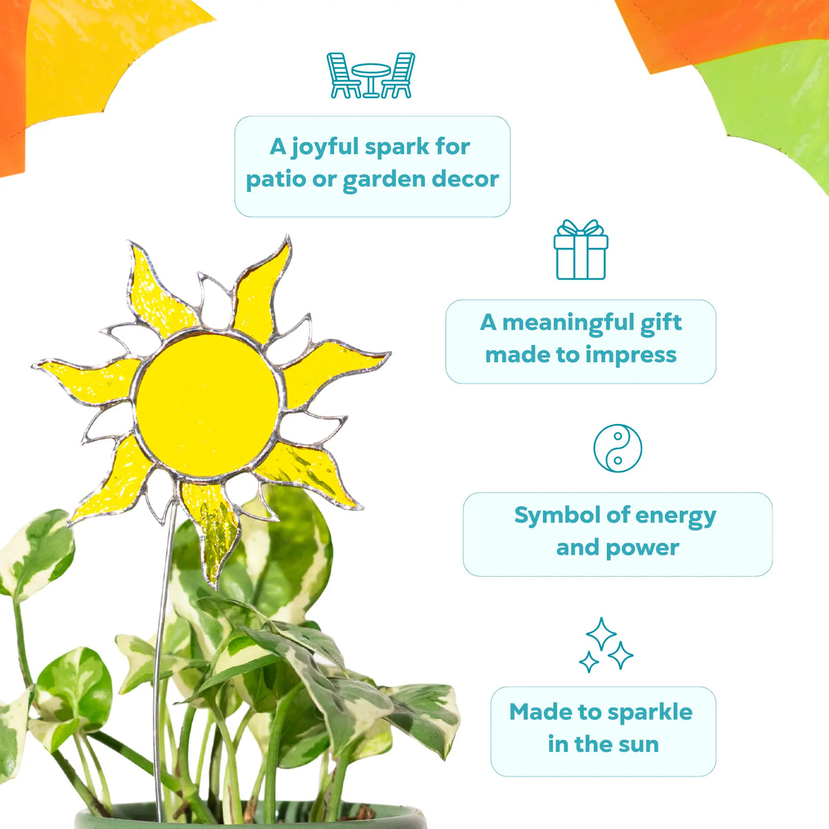 Stained glass sun garden stake with plant, text about its use and symbolism on a white background