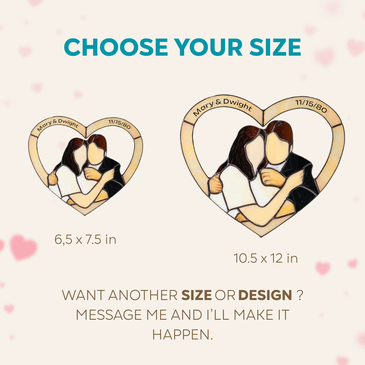 Two heart-shaped suncatchers with a couple embracing, come in two sizes: small and large, on a light pink background with hearts.