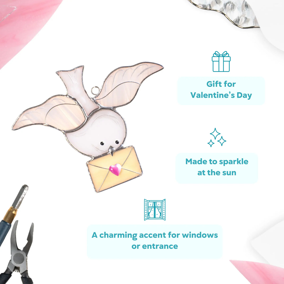 Infographic showing a dove stained glass suncatcher as a Valentine’s Day gift. The white glass bird carries a love letter, creating a sweet and meaningful stained glass decor piece for windows, entrances, or cozy interiors.